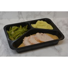 Menuschotel Kalkoenrollade in jagersaus, kruidenpuree en sperziebonen
